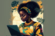 © Pajaros Volando - Young black woman using laptop over colorful background. Generative AI illustration