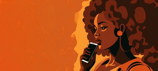 colorful banner of black woman listening to music with headphones and smart phone. generative ai ill
