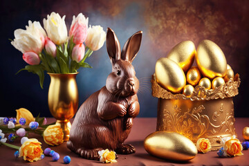 Happy easter, golden easter eggs in golden basket with chocolate easter bunny and tulips. Generative AI