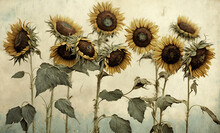 Vintage Sunflower Background Wallpaper, Antique Floral Art Illustration 