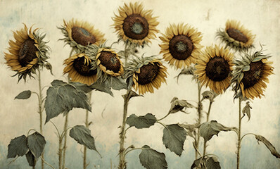 Vintage sunflower background wallpaper, antique floral art illustration 