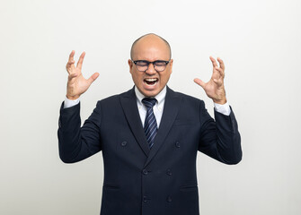 Depressed stressed. Young asian businessman on isolated white background. Angry middle aged Indian businessman in office uniform.