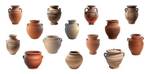 Set of clay and ceramic antique vases. Collection of interior decor items. Beige and brown pots. Generative AI