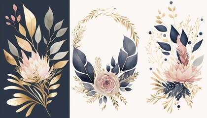 Wall Mural - Arrangements. Navy blue, blush, pink, ivory, beige watercolor Illustration and gold elements, on white background, AI assisted finalized in Photoshop by me