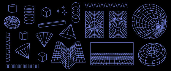 Wall Mural - Set of perspective grid in neon blue color, 3D wireframe structure shape of cone, globe, donut, cube, block, and cylinder. Vector graphic of cyberpunk futuristic elements psychedelic style.