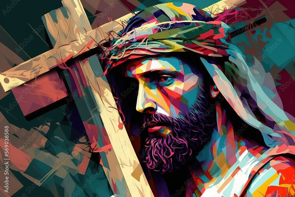 Jesus Christ carrying cross, abstract original art portrait for easter ...