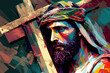 Jesus Christ carrying cross, abstract original art portrait for easter holiday and good friday, generative ai	