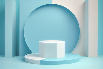 Poster - Pedestal podium with rounded corners in blue and white. Platform with geometric shapes. 3D illustration