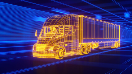 Wall Mural - Electric Semi-Trailer Truck driving through a tunnel - Technological blue-yellow glowing Wireframe style 3D-render