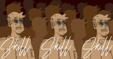Poster - Robot Army with Skill Text. Line Art Animated video. Future Robotics Cartoon Animation.