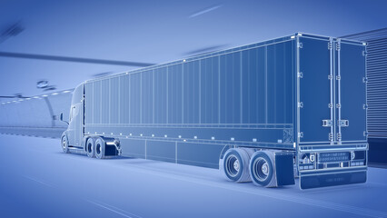 Wall Mural - Electric Semi-Trailer Truck driving through a tunnel - Abstract Technical Blueprint style 3D-render