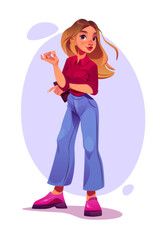 Cartoon beautiful girl with blonde hair wear trendy burgundy colored shirt, wide blue jeans and pink shoes on white background. Young attractive woman portrait, game personage Vector illustration