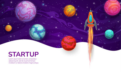 Poster - Startup project banner with rocketship and planets