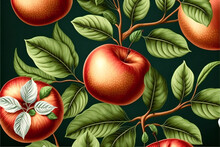 Fruit Pattern Seamless Pattern Of Apple And Leaves, Digital Illustration Painting Artwork, Generative AI