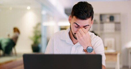 Aufkleber - Business, laptop and man with stress, deadline and new project with schedule, anxiety or headache in office. Male employee, agent or consultant remove glasses, device with glitch or anxious with idea