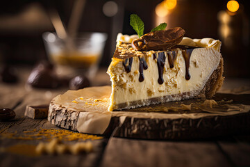 Macro shot homemade cheesecake on a wood counter in a pub