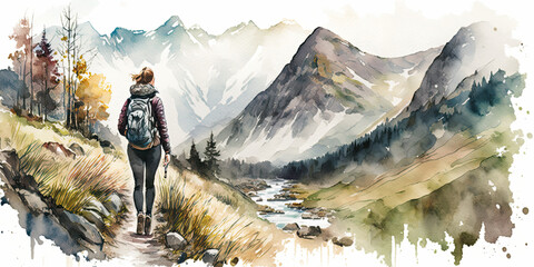 hiking woman, lanscape. generative ai