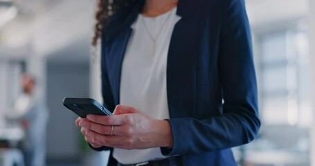Poster - Business woman, hands and phone typing on office schedule, calendar management or company budget app. Zoom, corporate worker and employee on mobile communication technology for networking or fintech