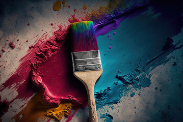 Texture: a paintbrush and a wall with multicolored paint on it