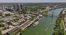 Sacramento City California Aerial V19 Establishing Drone Flyover River Capturing Tower Bridge, Old Town Riverfront Historic District And Downtown Cityscape Views - Shot With Mavic 3 Cine - June 2022