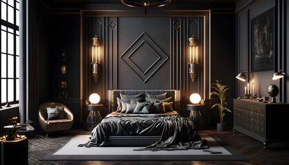 a luxury hotel room with a sofa beautiful dark walls and lights