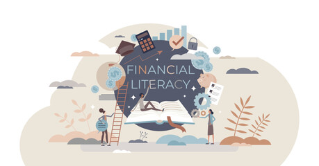 Financial literacy and education with learning from books tiny person concept, transparent background. Economic knowledge and personal skills development with reading courses illustration.