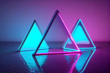 Poster - Abstract neon circle light fluorescent Neon Lights glow ,Reflection on water,neon lights exhibition background , 3D illustration.