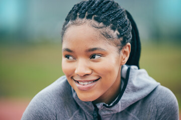 Sticker - Black woman, athlete smile and face zoom of a young person ready for field running. Sport, happiness and motivation of a runner athlete outdoor with blurred background on a fitness and workout break