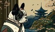 Creative 4k high resolution wallpaper art of a dog inspired by game movie with Iconic and imaginative science fiction, including planets, spacecraft, and aliens by Ukiyo-e (generative AI)