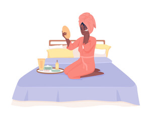 Poster - Young woman enjoying spa day at home semi flat color vector character. Editable figure. Full body person on white. Simple cartoon style illustration for web graphic design and animation