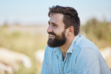 Aufkleber - Man, face or farmer on livestock agriculture, sustainability environment or nature land with ideas, vision or animals growth hope. Smile, happy or thinking farming worker in veterinary life insurance