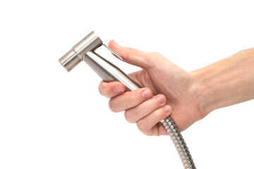 A man in his hand holds a bidet shower isolated on a white background