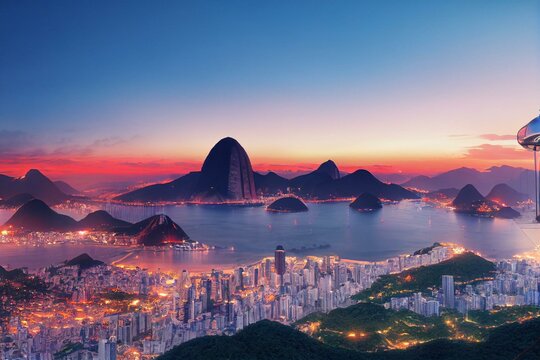 rio de janeiro cityscape with famous sugarloaf cable car at sunset in rio de janeiro, brazil. genera