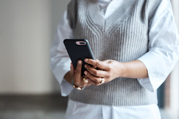 Aufkleber - Communication, email and hands of an employee with a phone for social media and work contact. Website, connection and business worker reading on a mobile for an app, internet and chat online