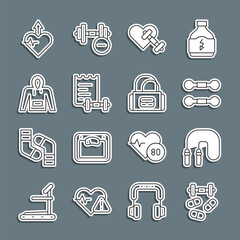 Canvas Print - Set line Sports doping with dumbbell, Jump rope, Dumbbell, heart, training program, Hoodie, Heartbeat increase and bag icon. Vector