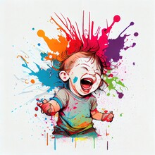 Colorful Cartoon Drawing Of Cute Happy Screaming Baby, Ai Generated