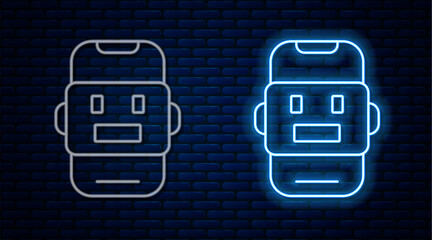 Sticker - Glowing neon line Chat bot icon isolated on brick wall background. Chatbot icon. Vector