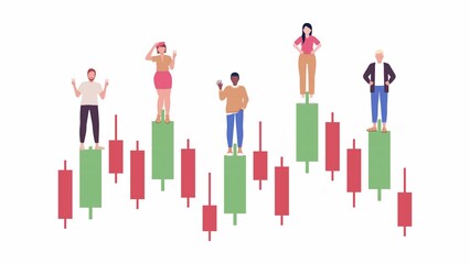 Poster - Animated international invest loader. Global stock markets. 4K video footage with alpha channel transparency. Color cartoon style loading animation with characters for download, upload process