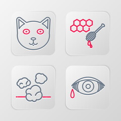 Sticker - Set line Reddish eye allergic conjunctivitis, Dust, Honeycomb with honey dipper and Pet icon. Vector