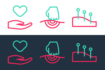 Sticker - Set line Acupuncture therapy, Heart in hand and Massage icon. Vector