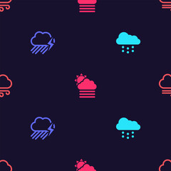 Sticker - Set Cloud with snow, rain and lightning, Fog cloud sun and Windy weather on seamless pattern. Vector