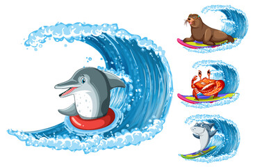 Wall Mural - sea animals surfing cartoon character