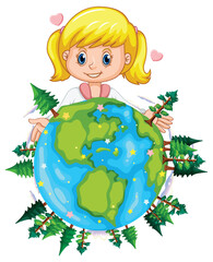 Canvas Print - Cute girl on earth planet cartoon