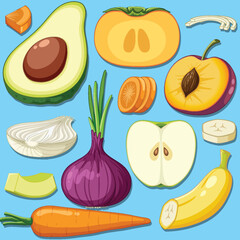 Wall Mural - set of sliced vegetable and fruit