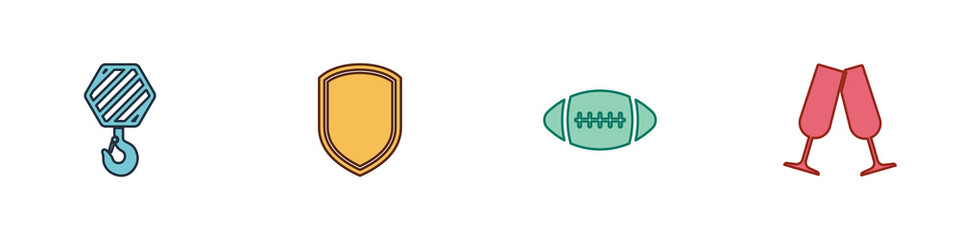 Sticker - Set Industrial hook, Shield, American Football ball and Glasses of champagne icon. Vector