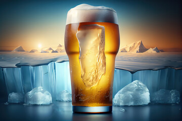 Ice cold beer glass with iceberg background Generative AI