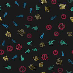 Poster - Set line Reciprocating saw, Electric drill machine, planer tool and Circular blade on seamless pattern. Vector