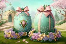 Romantic Easter Eggs With Bows, Garden With Flowers.