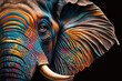 canvas print picture - Porträt Gesicht eines Elefanten mit bunten Farben, generative AI