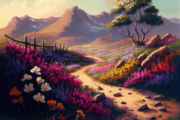 Wall Mural - Hiking trail in mountain landscape with spring flowers (Generative AI)